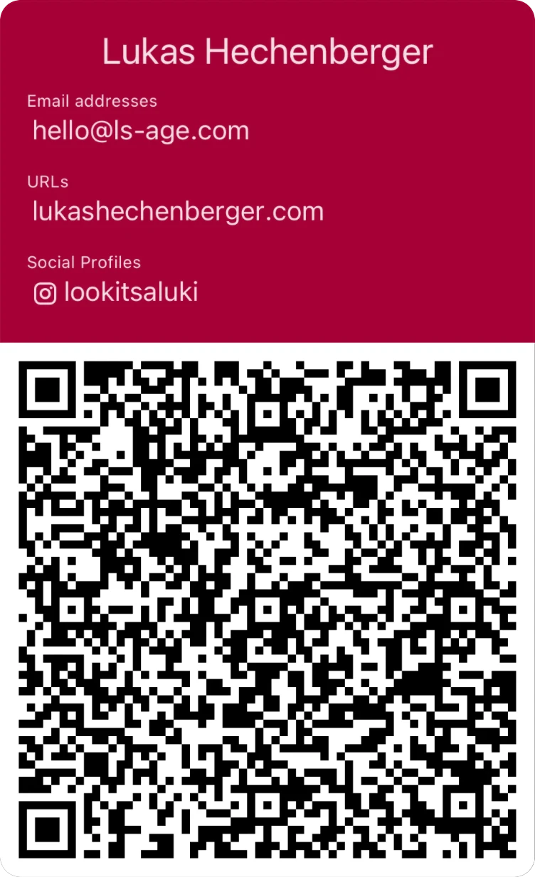 QRcard of Lukas Hechenberger: email address, website, Instagram profile and QR code